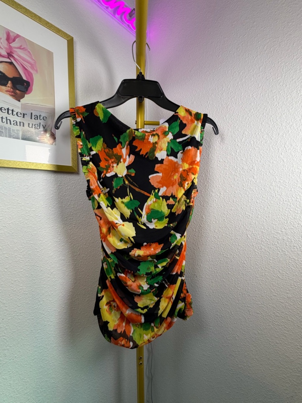 Nine West Black Floral Print Sleeveless Top with Green and Orange Accents Size L - Picture 3 of 5